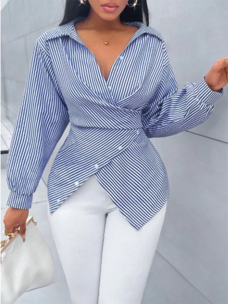 Women’s Striped V-Neck Lace Button-Up Top