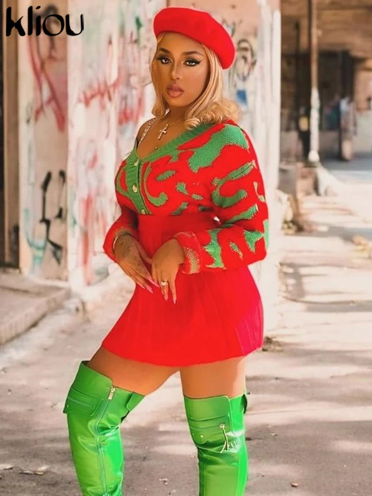 kliou Autumn Women Bare Midriff Sweet Knitted Cardigan