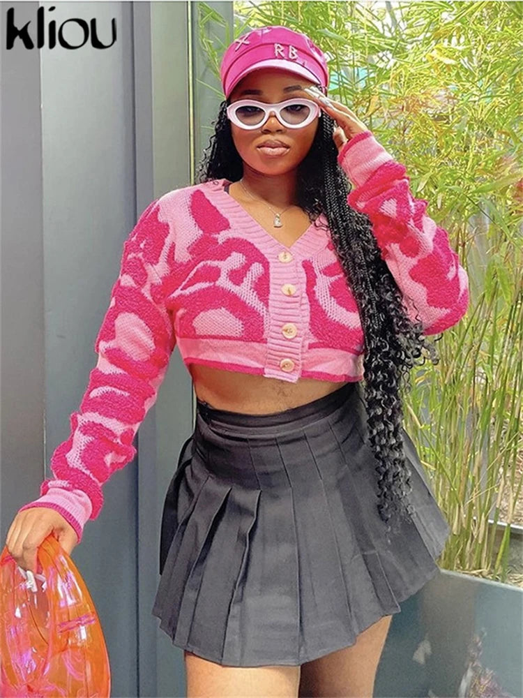 kliou Autumn Women Bare Midriff Sweet Knitted Cardigan