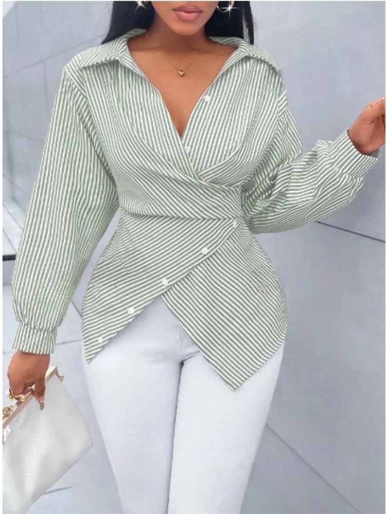 Women’s Striped V-Neck Lace Button-Up Top