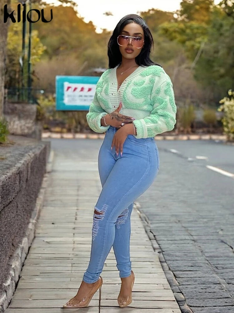 kliou Autumn Women Bare Midriff Sweet Knitted Cardigan